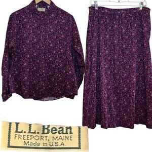 L.L. Bean Made in USA 100% Cotton Size 16 Purple Floral Blouse and Skirt Set